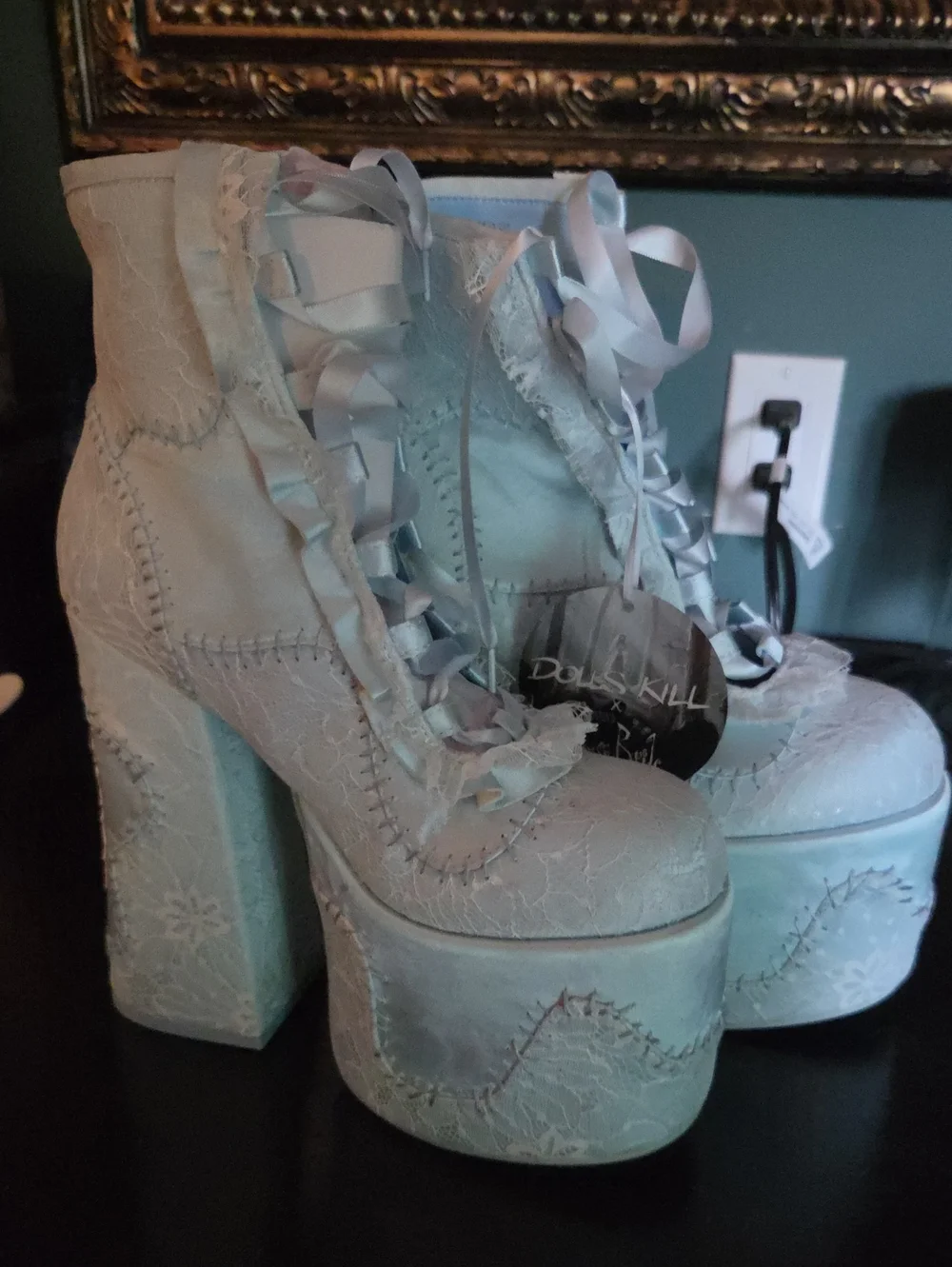 Dolls Kill CORPSE BRIDE Powder Blue Lace-Up Platform Ankle Boots